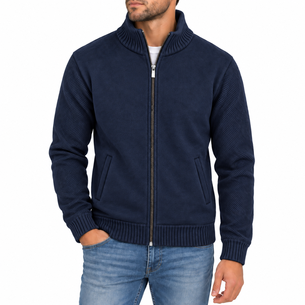 Men's Fleece Lined Full Zip Knit Textured Sweater in Navy