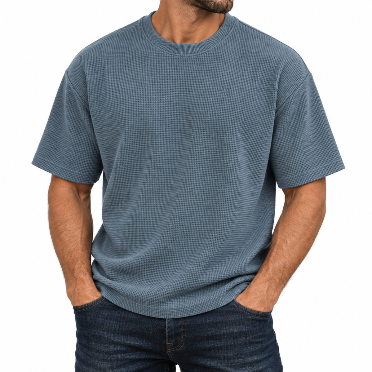 Men's Heavyweight Micro Waffle Knit Drop Shoulder Short Sleeve Tee in Steel Blue