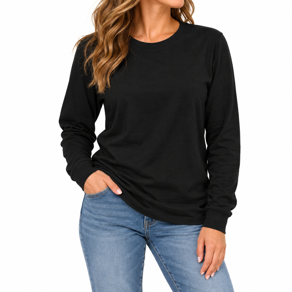 Women's Cotton-Blend Long Sleeve Crew Neck T-Shirt in Black