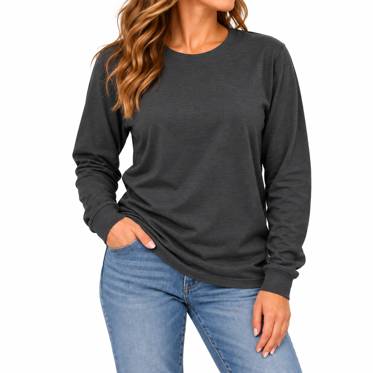 Women's Cotton-Blend Long Sleeve Crew Neck T-Shirt in Charcoal