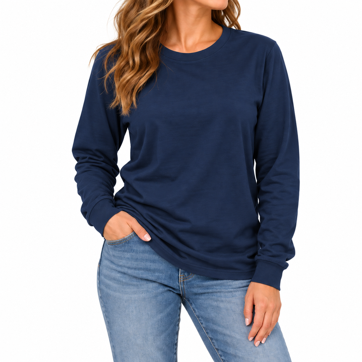 Women's Cotton-Blend Long Sleeve Crew Neck T-Shirt in Navy