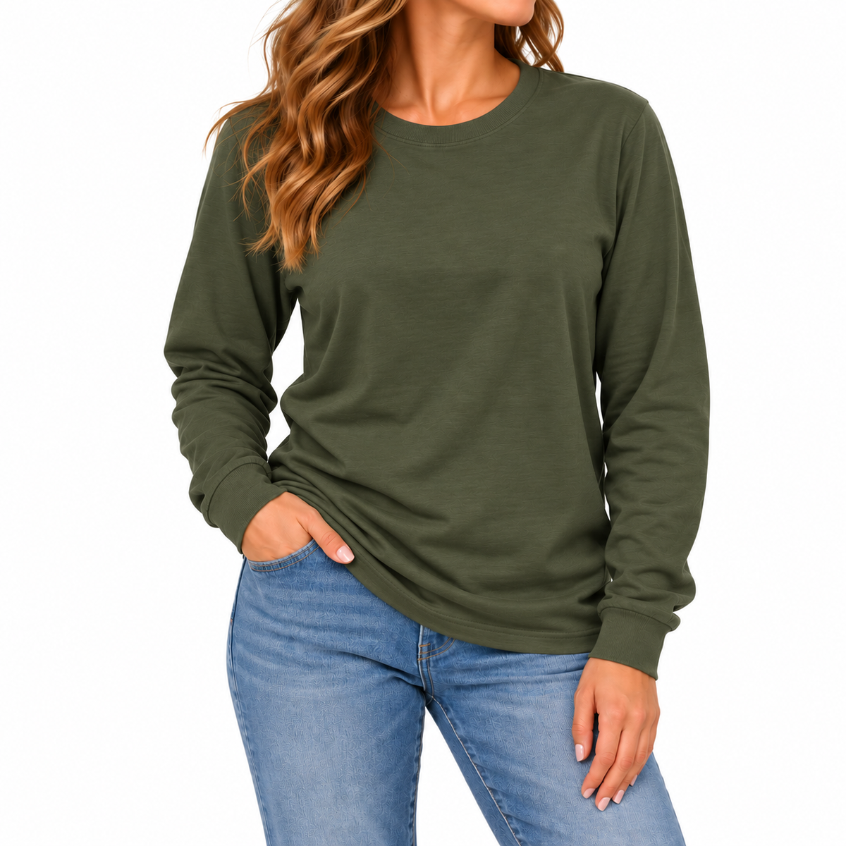 Women's Cotton-Blend Long Sleeve Crew Neck T-Shirt in Olive