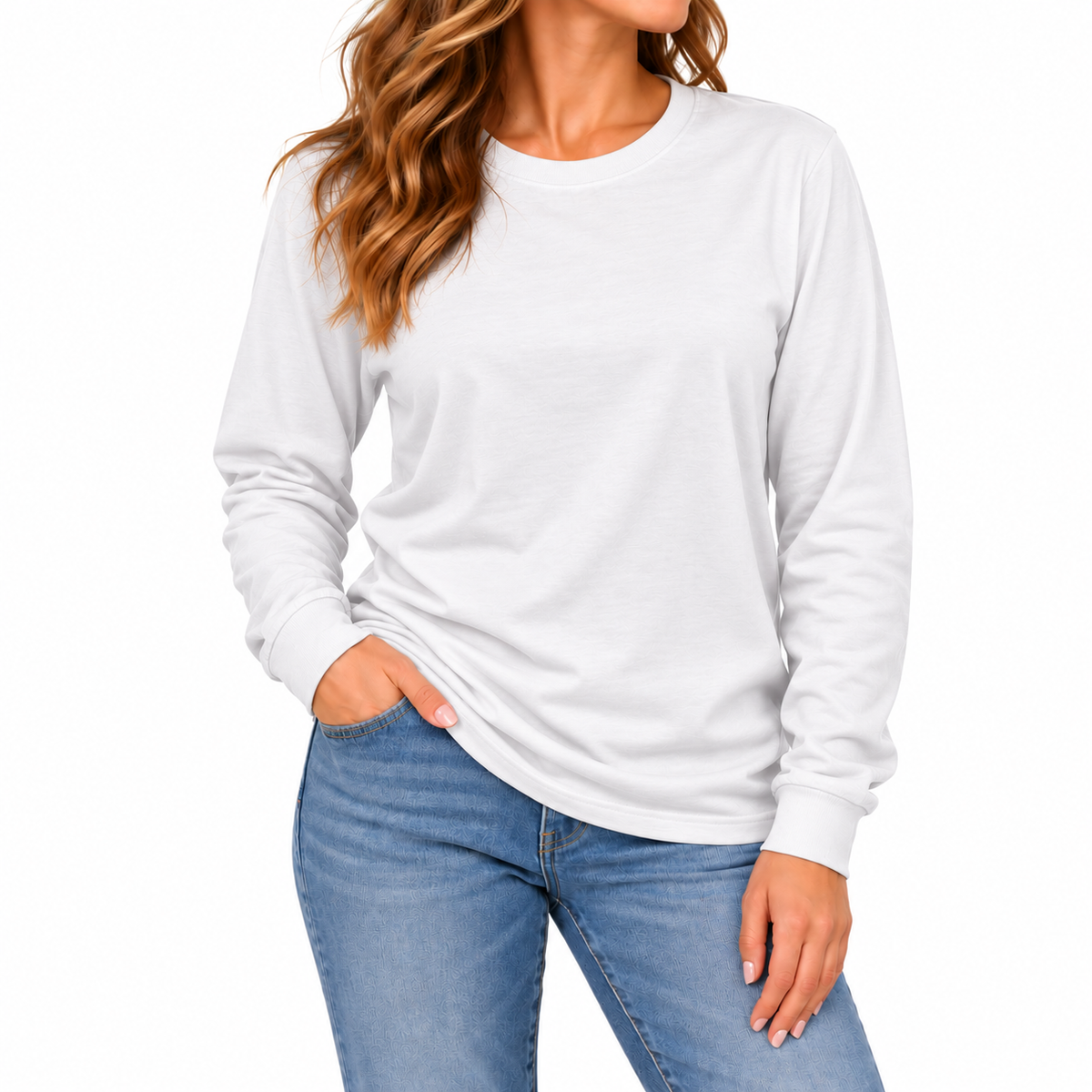 Women's Cotton-Blend Long Sleeve Crew Neck T-Shirt in White