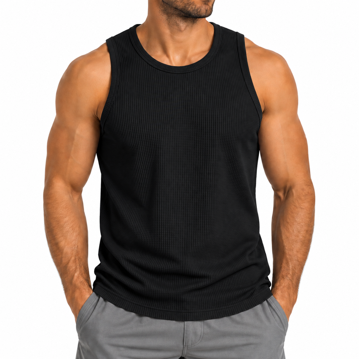 Men's Micro Waffle Knit Heavyweight Sleeveless Tank Top in Black