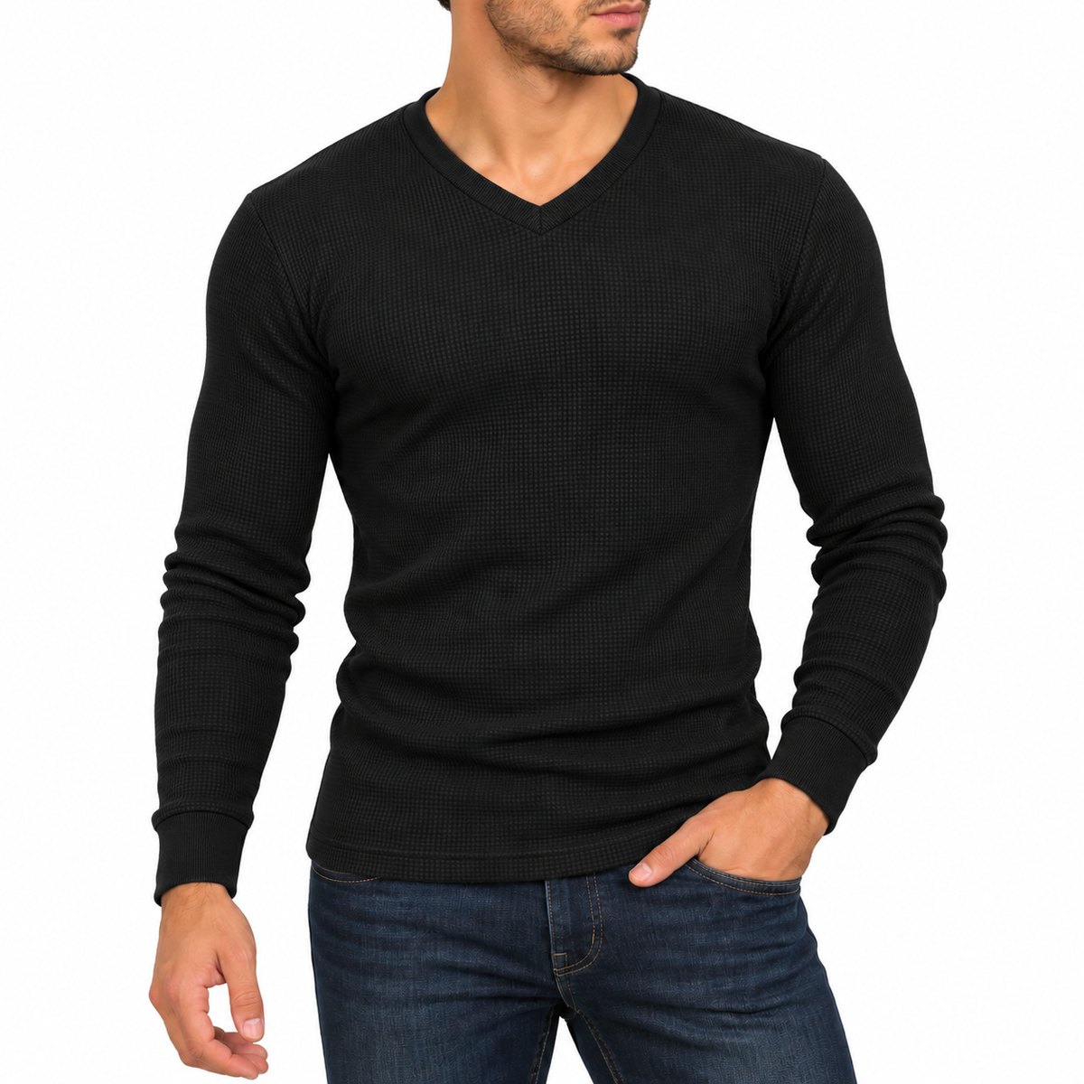 Men's Waffle-Knit Long Sleeve V-Neck Shirt in Black