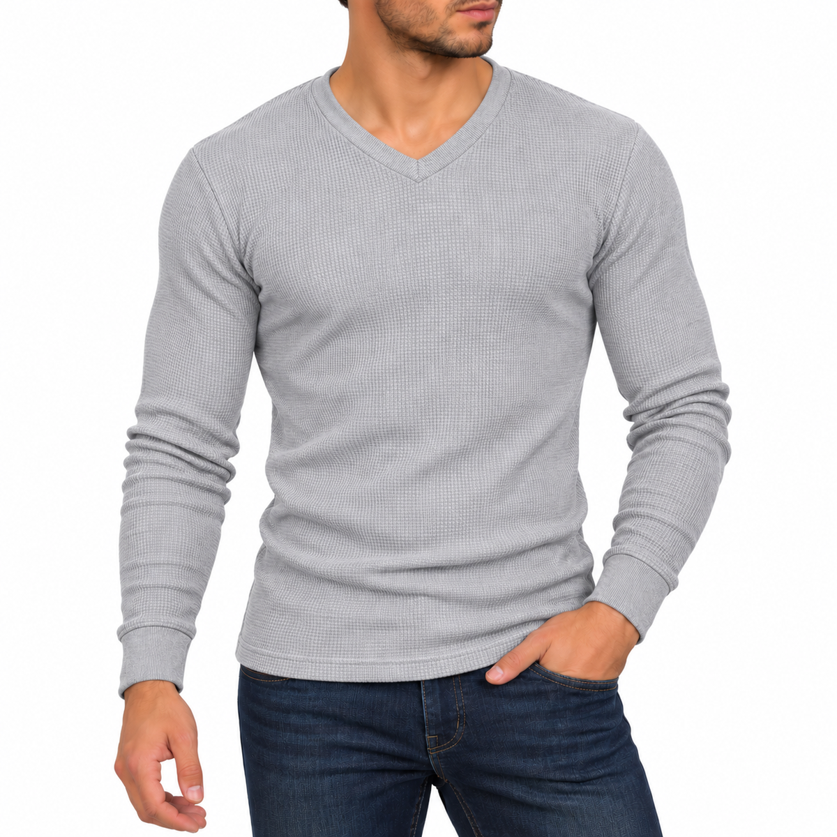 Men's Waffle-Knit Long Sleeve V-Neck Shirt in Heather Grey
