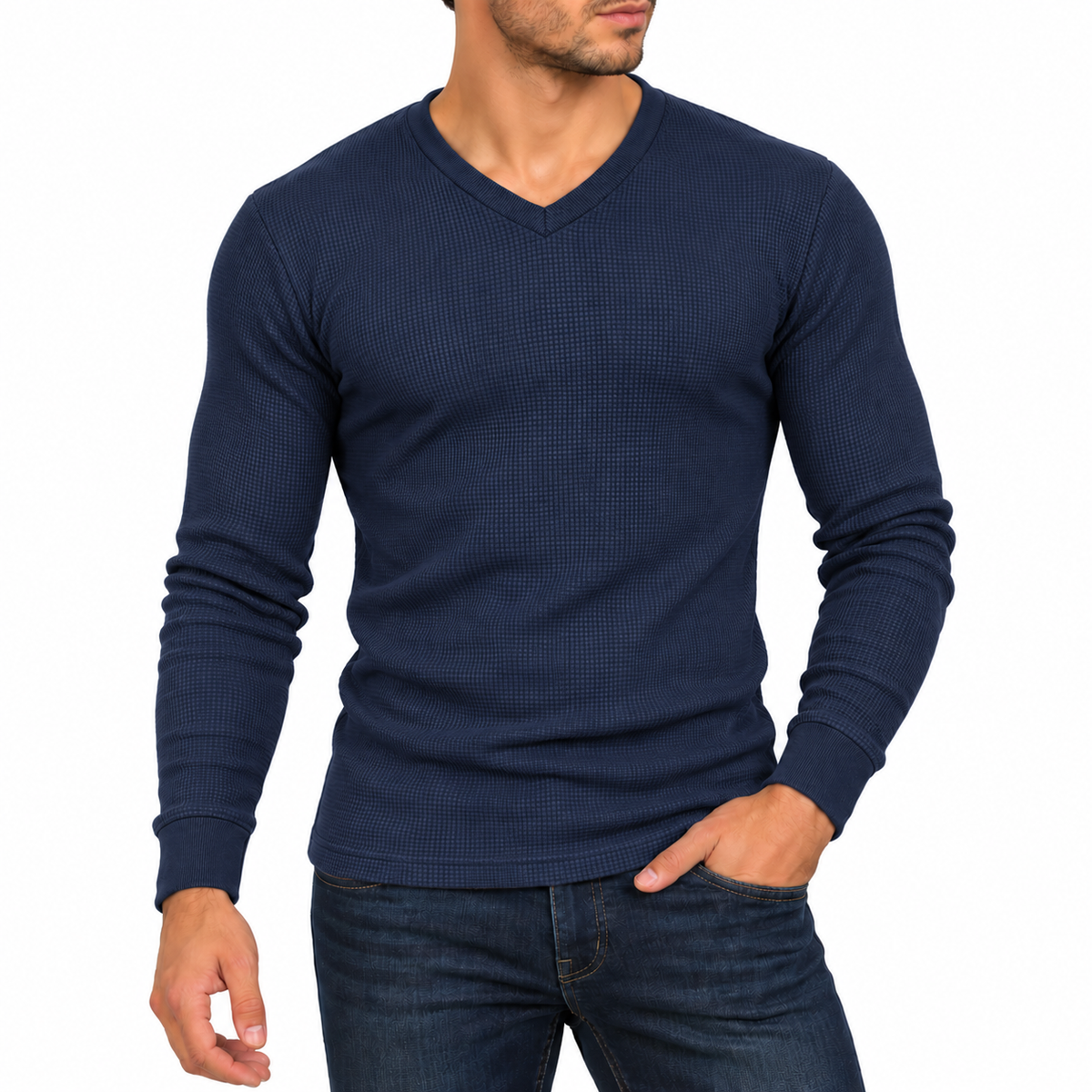 Men's Waffle-Knit Long Sleeve V-Neck Shirt in Navy