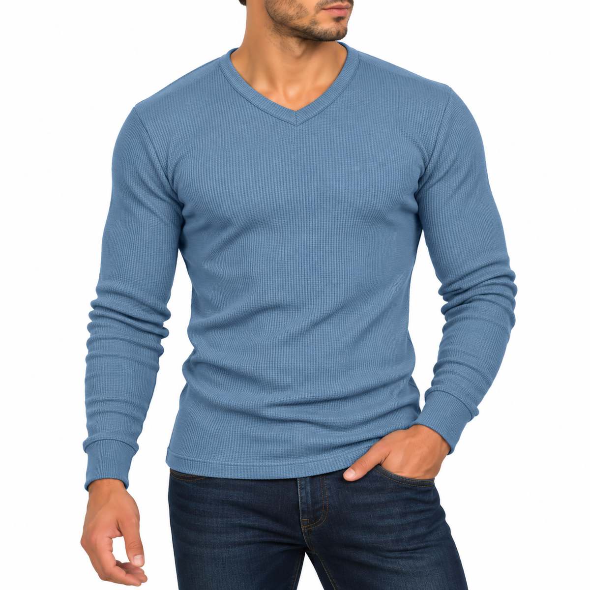 Men's Waffle-Knit Long Sleeve V-Neck Shirt in Sky Blue