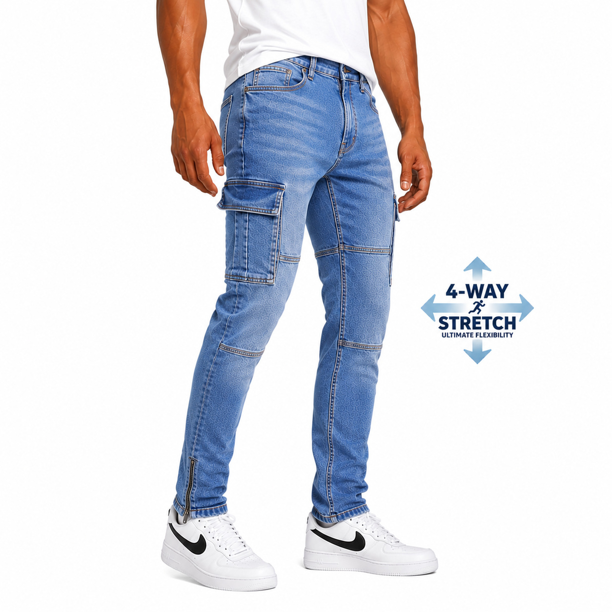 Men's Stretch Slim Straight Cargo Pocket Jeans in Medium Wash