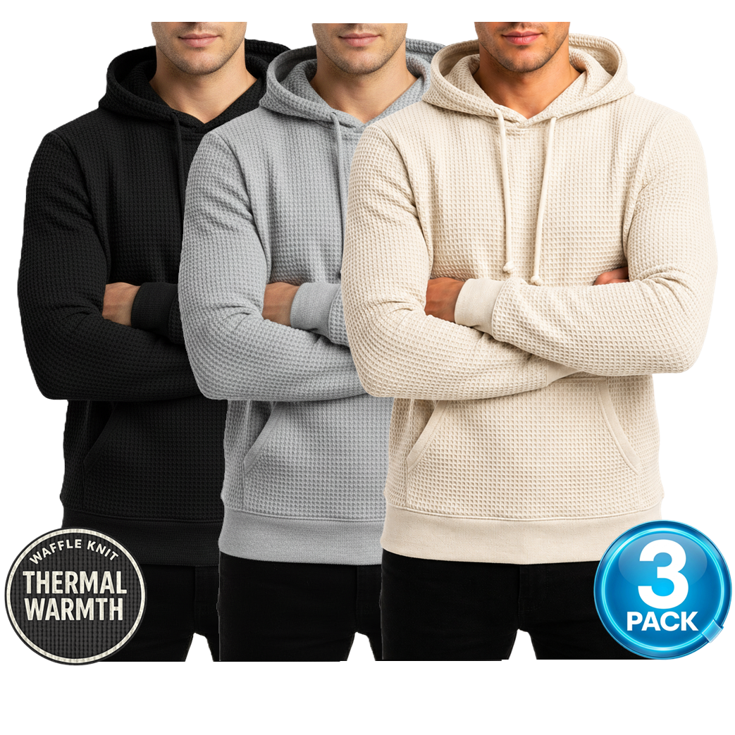 Men's 3-Pack Waffle-Knit Thermal Pullover Hoodie in Black / Heather Grey / Natural