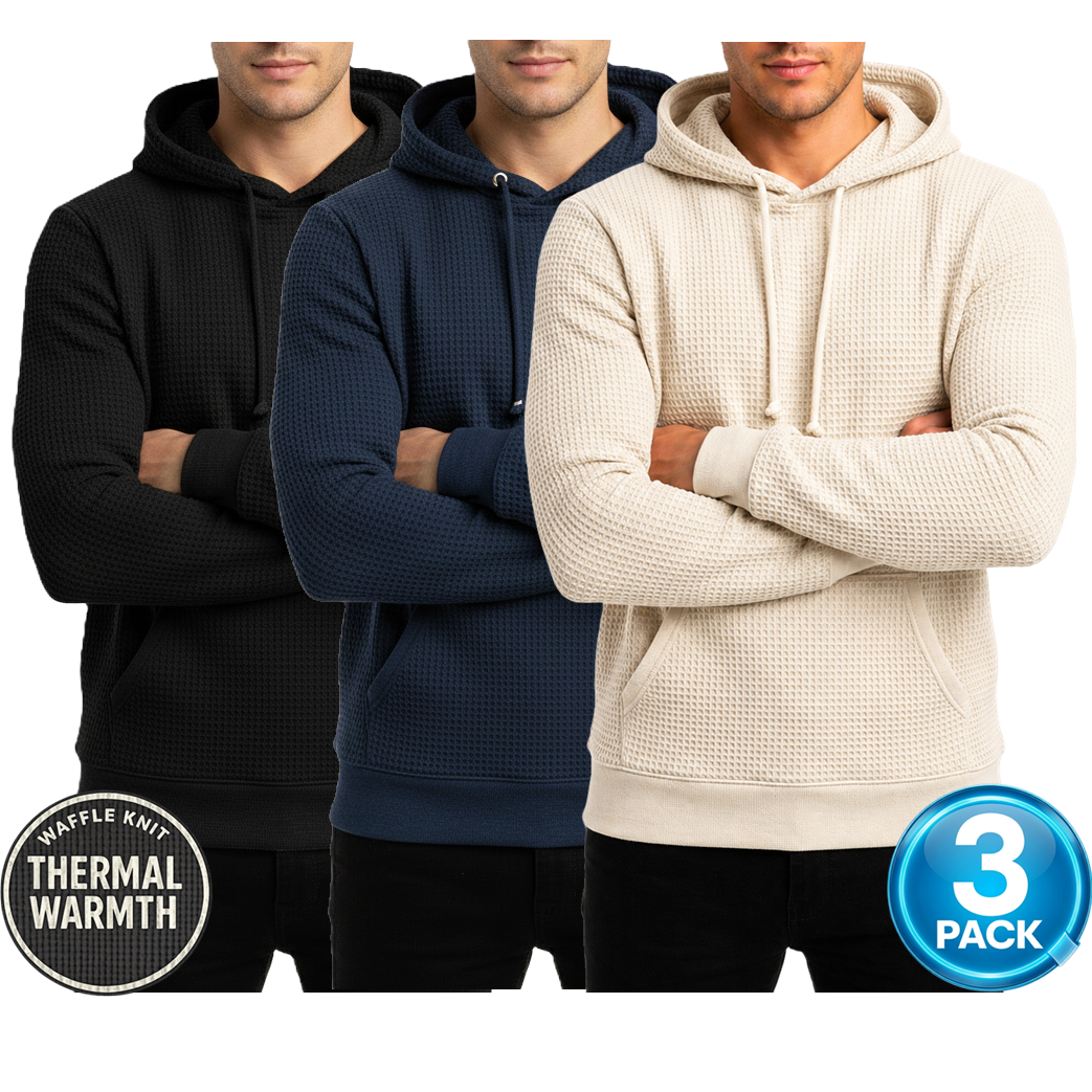 Men's 3-Pack Waffle-Knit Thermal Pullover Hoodie in Black / Navy / Natural