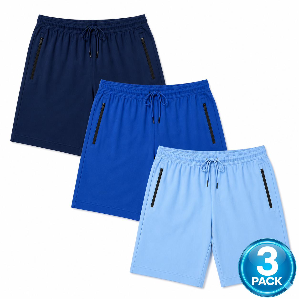 Men's 3-Pack Performance Workout Shorts With Zippered Pockets - Navy / Royal / Light Blue