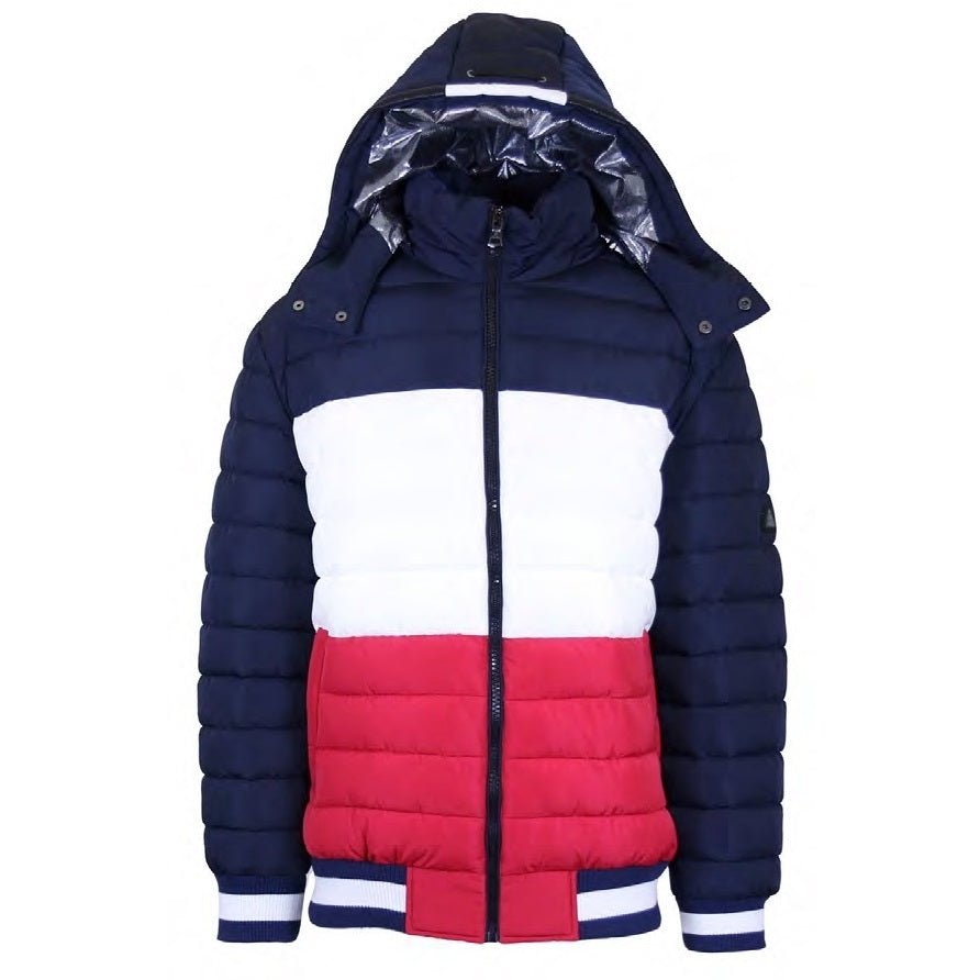 12 Pack Adult 3-Tone Bomber Jacket with Hood Navy / White / Red