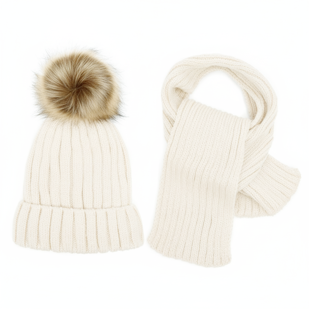 Wholesale Kid's Winter Knitted Scarf and Hat Set in Off White