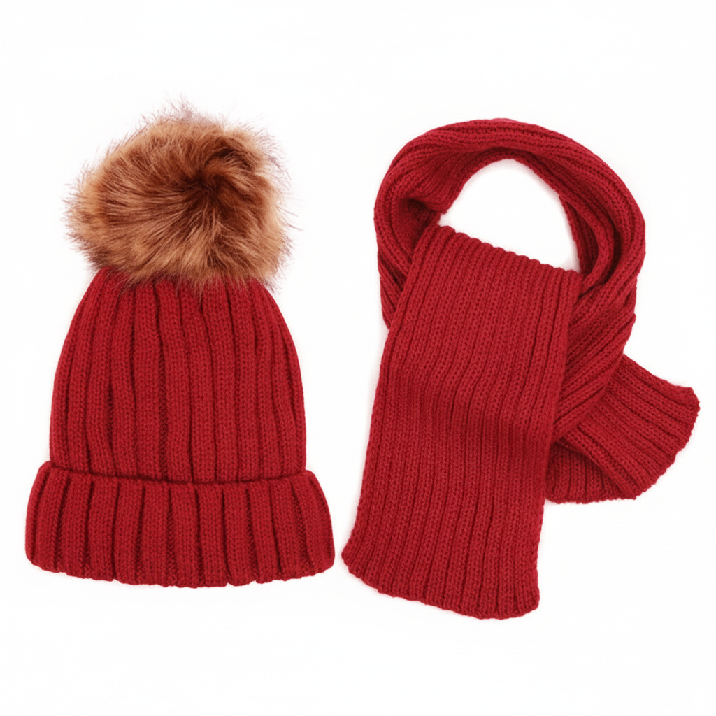 Wholesale Kid's Winter Knitted Scarf and Hat Set in Red