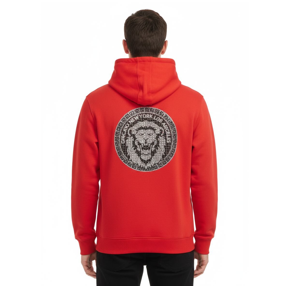 12 Pack Men’s Fashion Hoodie with Rhinestone Lion Emblem in Red
