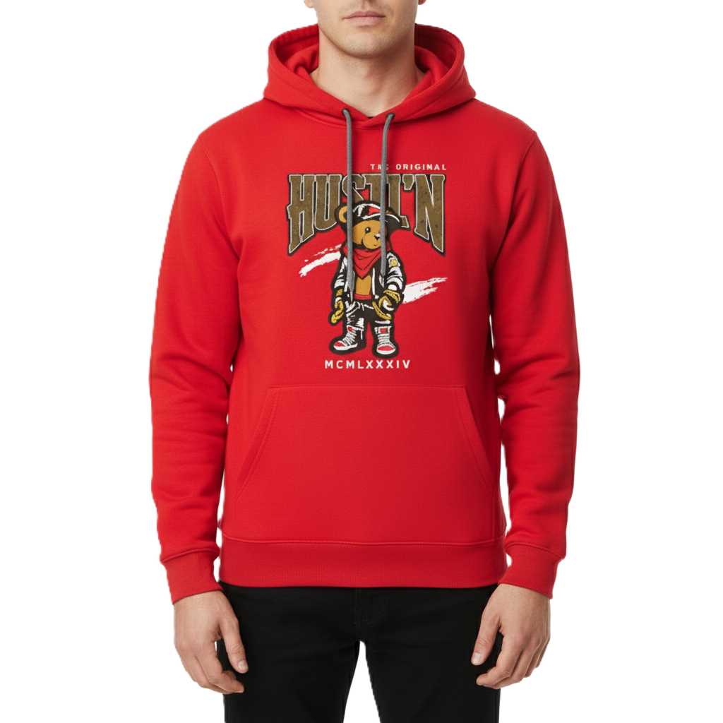 12 Pack Men’s Fashion Hoodie with Rhinestone Hustl'n Bear in Red