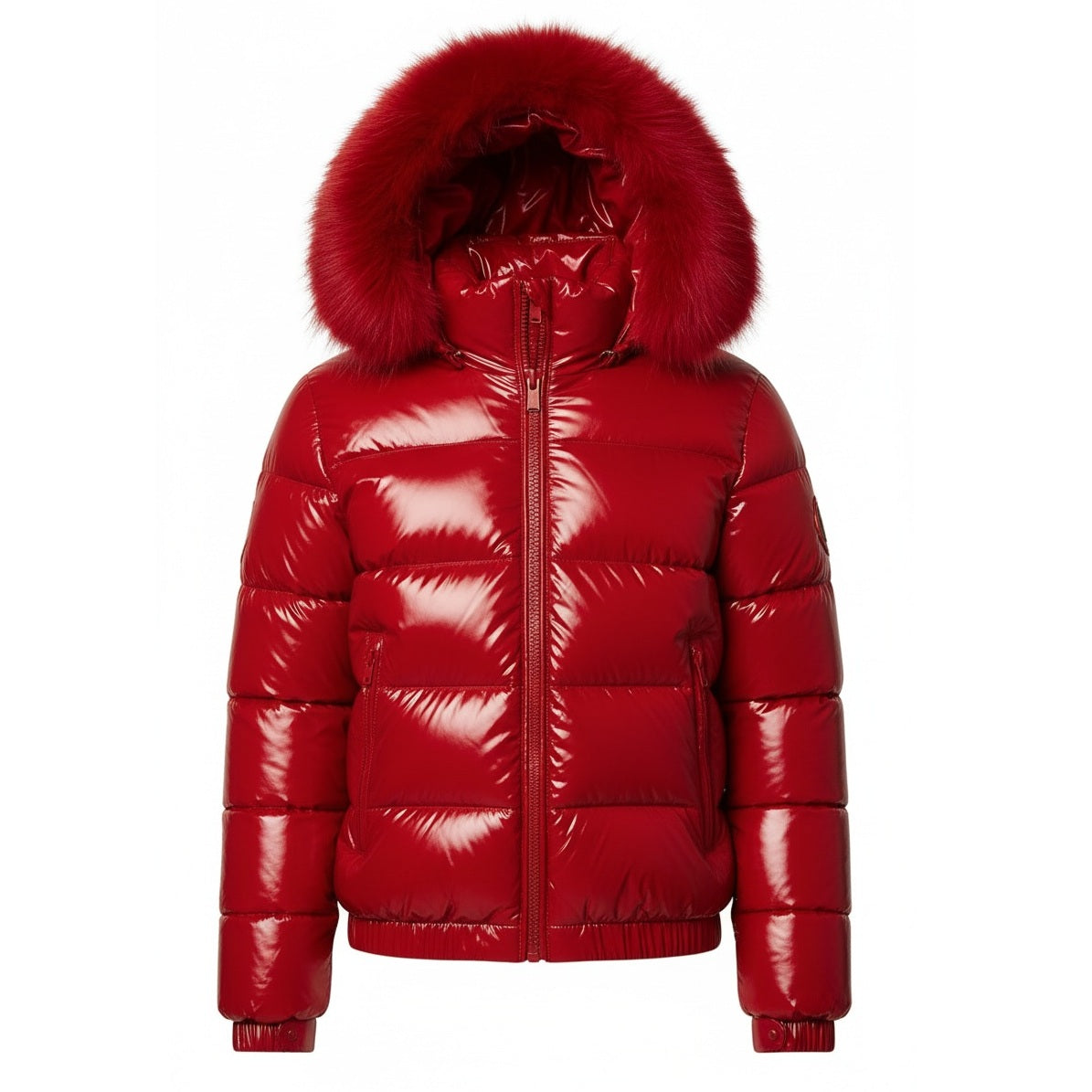 12 Pack Adult Shiny Bubble Jacket with Fur Hood in Red