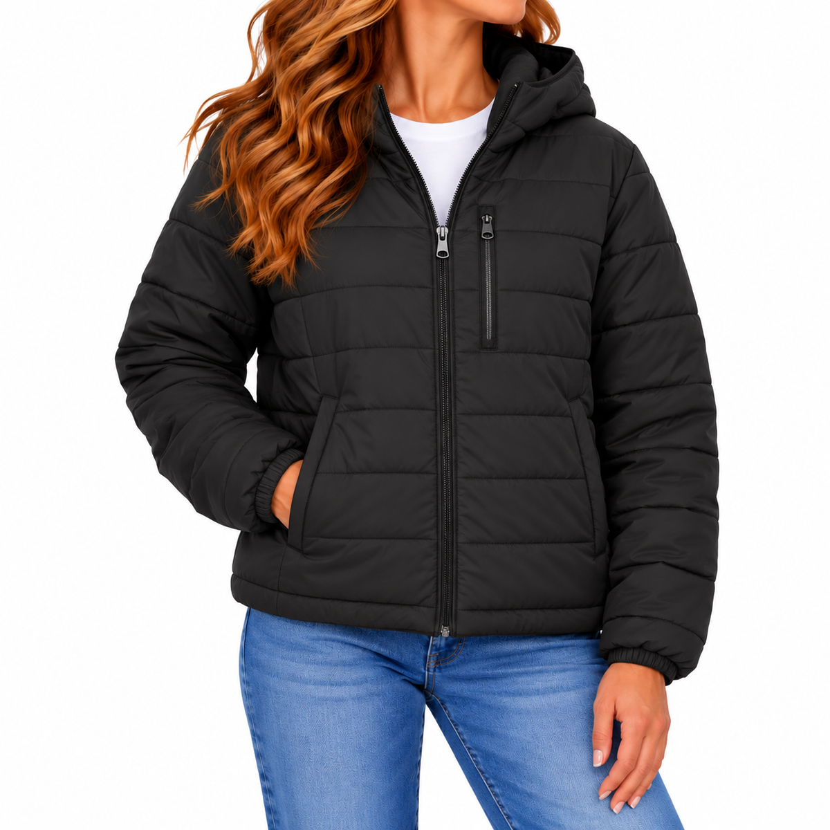 Women's Classic Sherpa Fleece Lined Hooded Puffer Jacket in Black