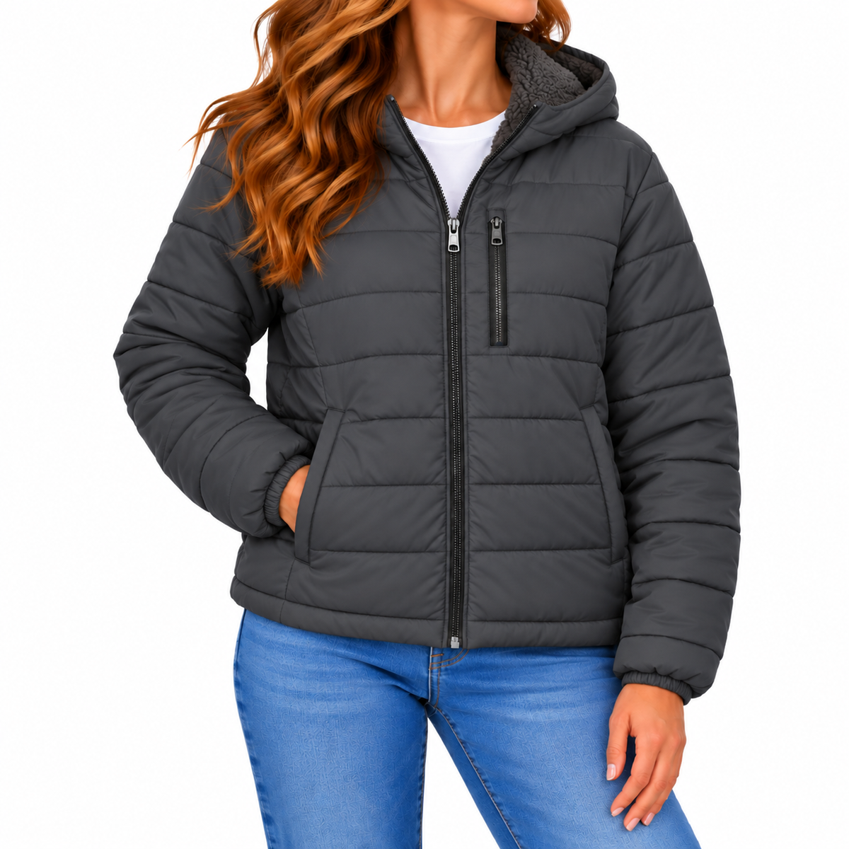 Women's Classic Sherpa Fleece Lined Hooded Puffer Jacket in Charcoal