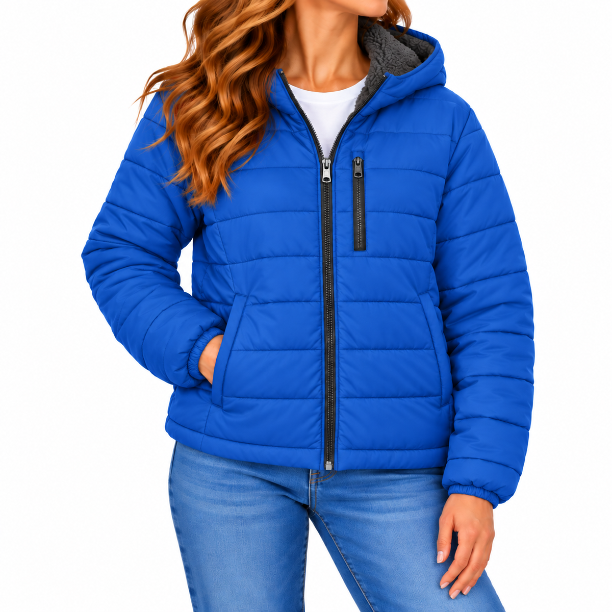 Women's Classic Sherpa Fleece Lined Hooded Puffer Jacket in Royal Blue