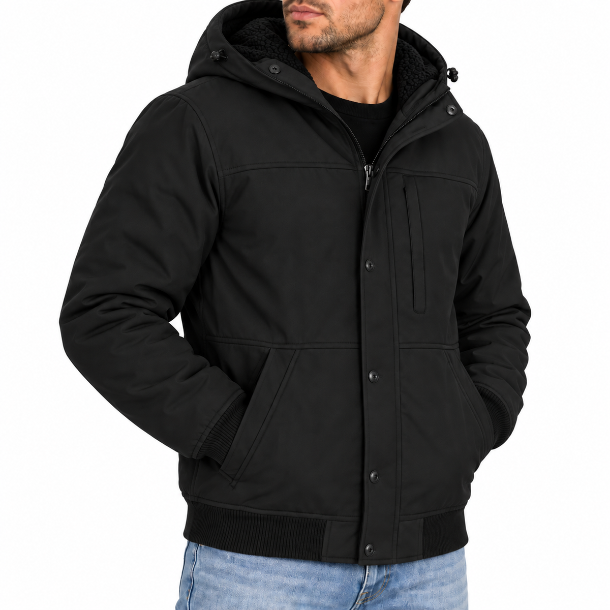 Men's Heavyweight Sherpa Fleece Lined Hooded Winter Bomber Jacket in Black