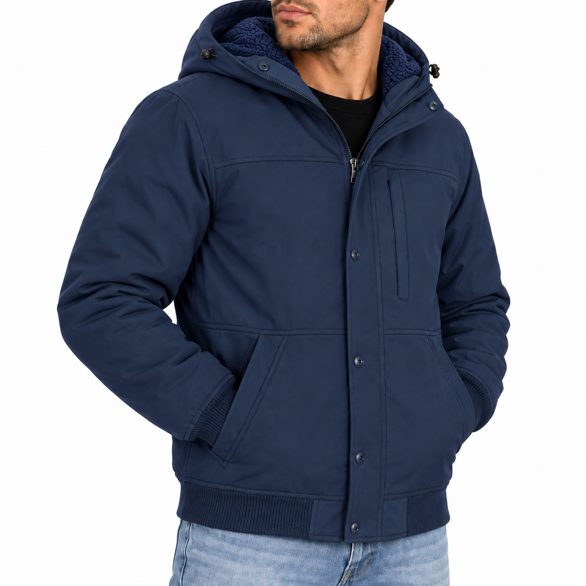 Men's Heavyweight Sherpa Fleece Lined Hooded Winter Bomber Jacket in Navy
