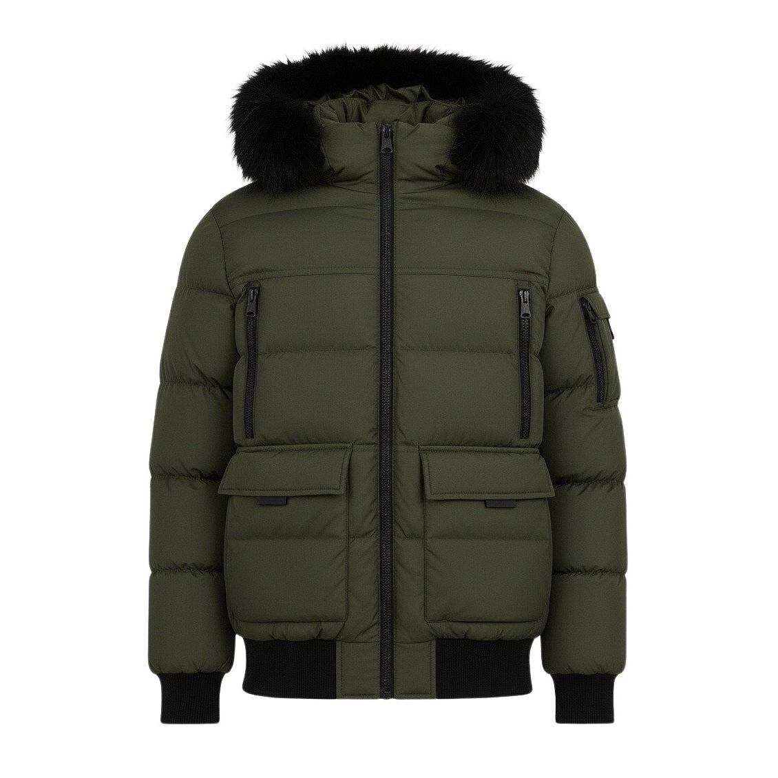 12 Pack Adult Bomber Puffer Jacket with Fur Hood in Olive