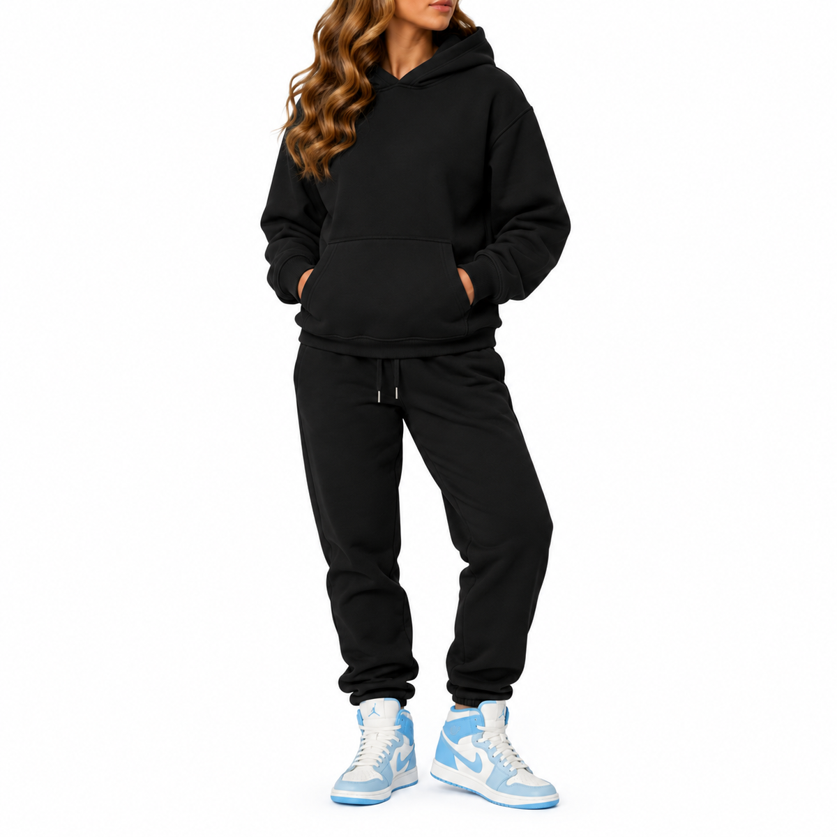 Women's Heavyweight Soft Fleece Cotton Blend Pullover Hoodie & Sweatpants Set in Black
