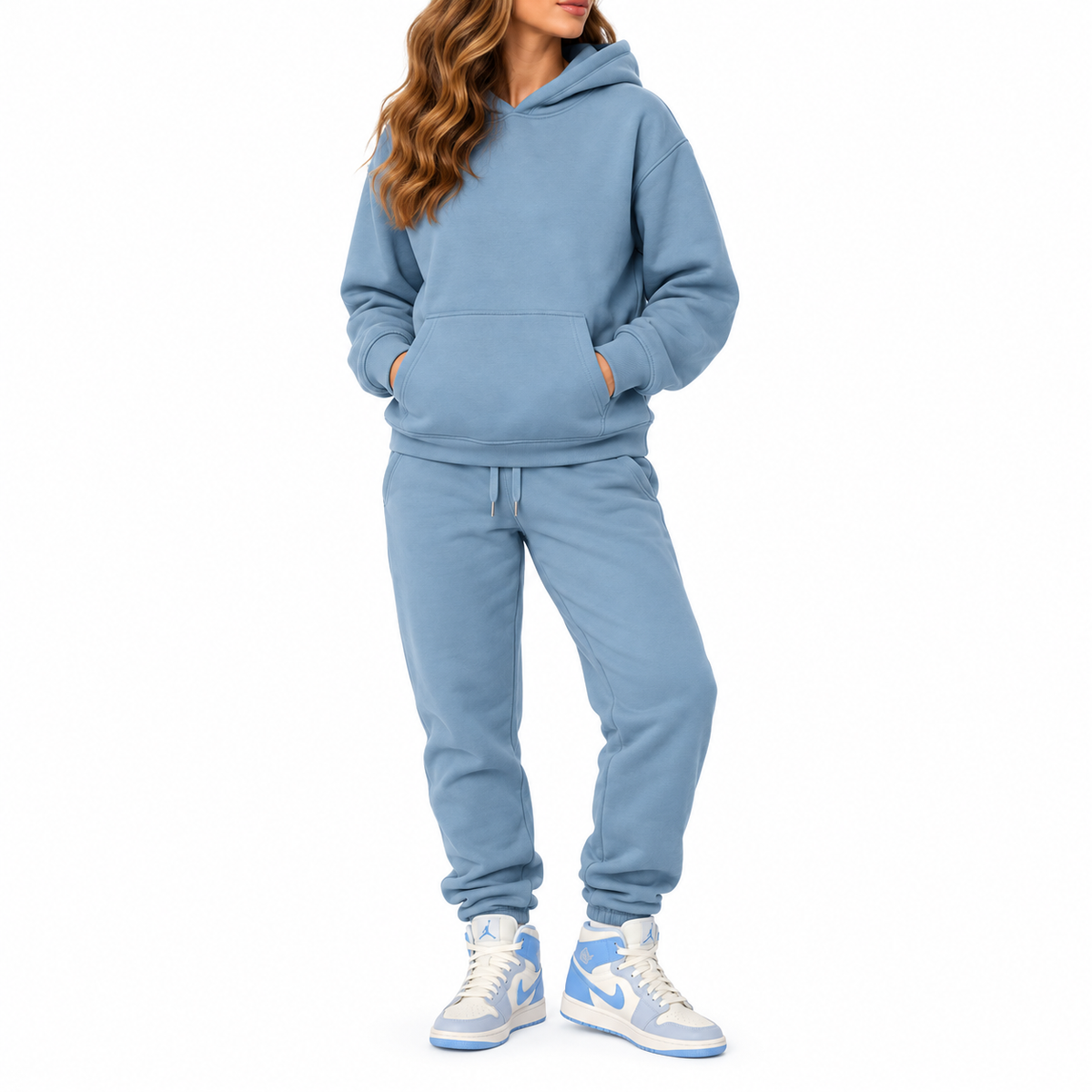 Women's Heavyweight Soft Fleece Cotton Blend Pullover Hoodie & Sweatpants Set in Smokey Blue