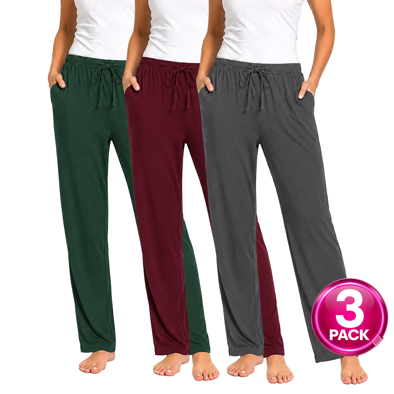 Women's 3-Pack Lounge Pants in Dark Green / Burgundy / Charcoal