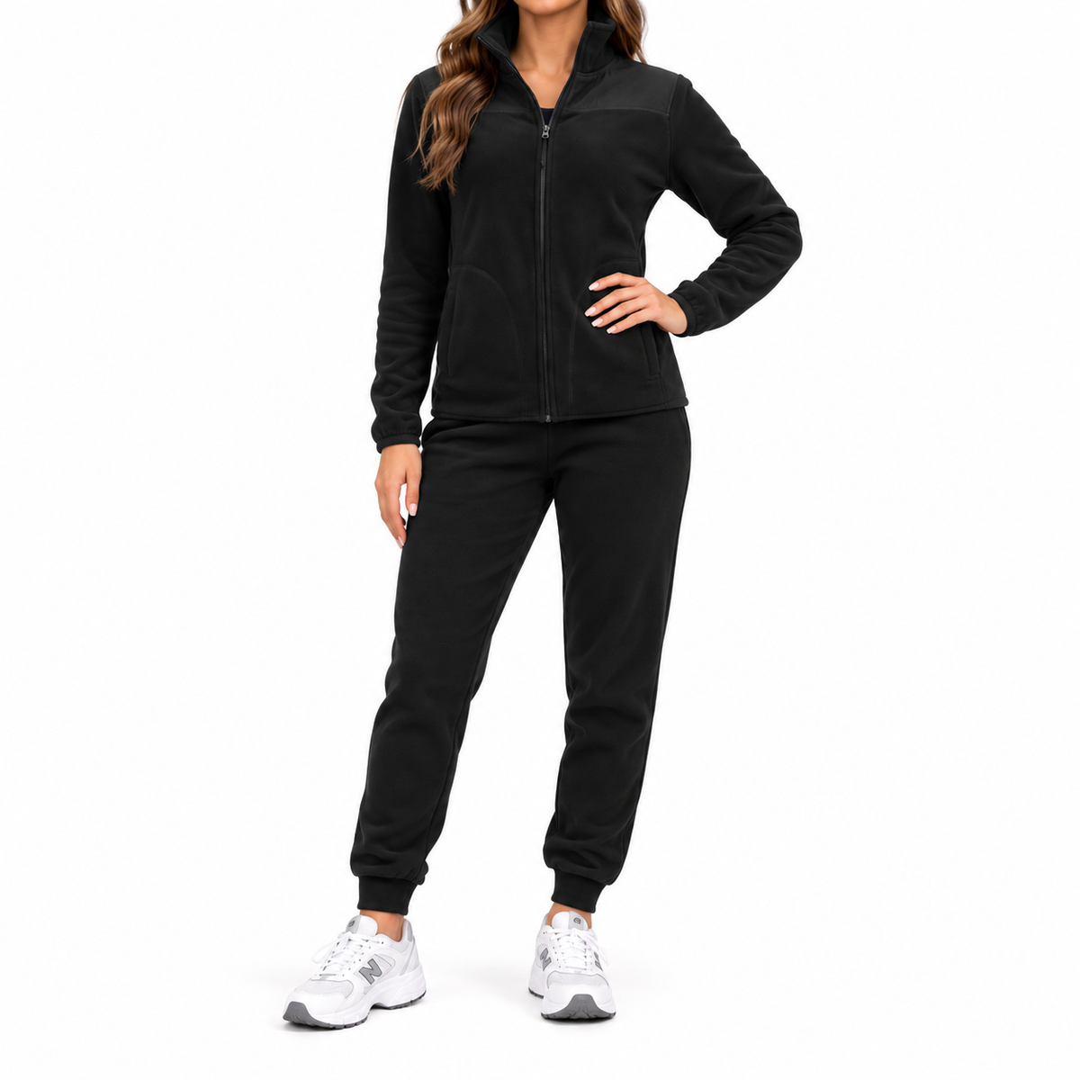 Women's 2-Piece Polar Fleece Full Zip Sweatshirt & Jogger Matching Set in Black