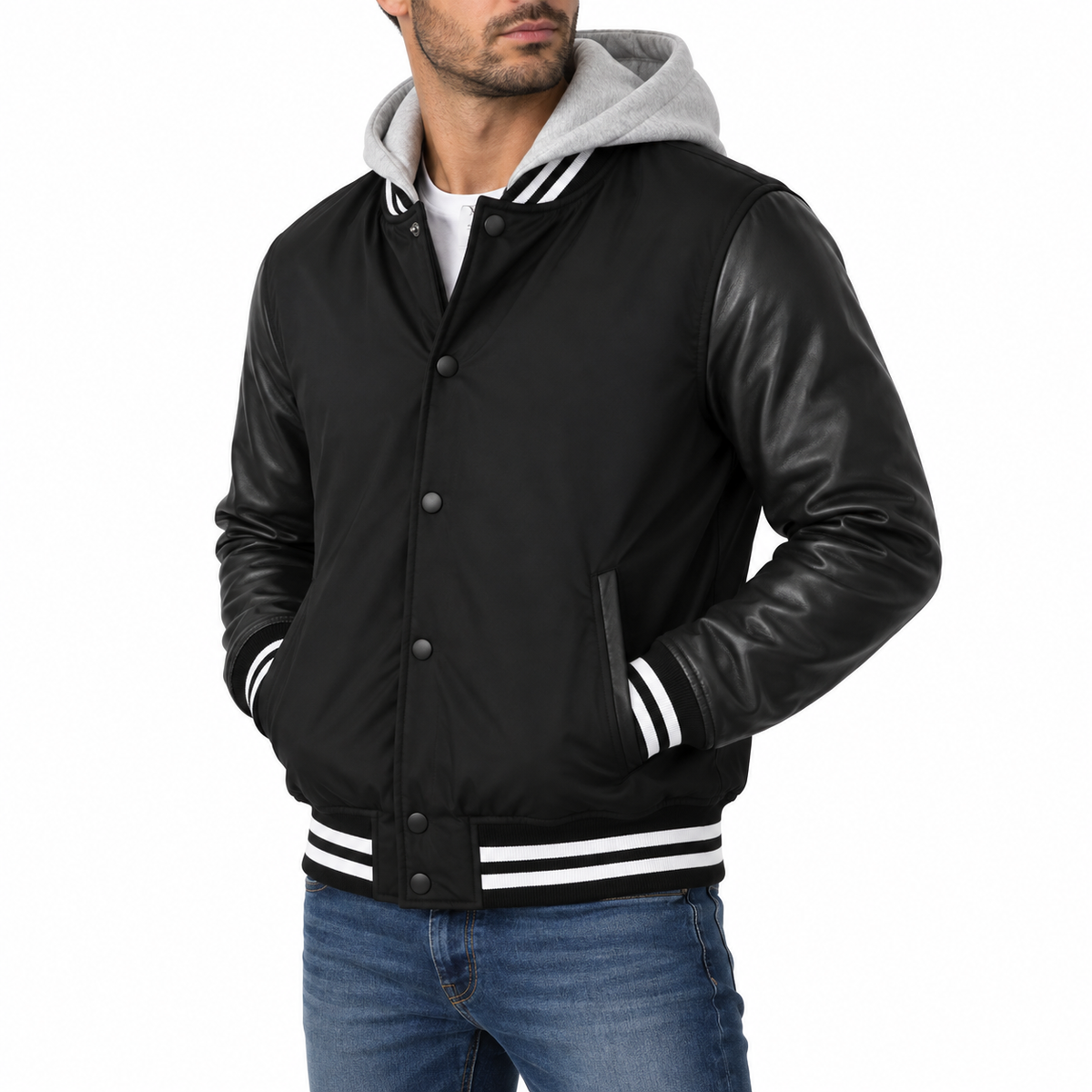Men's Hooded Varsity Jacket With Detachable Hood in Black with Black Sleeves