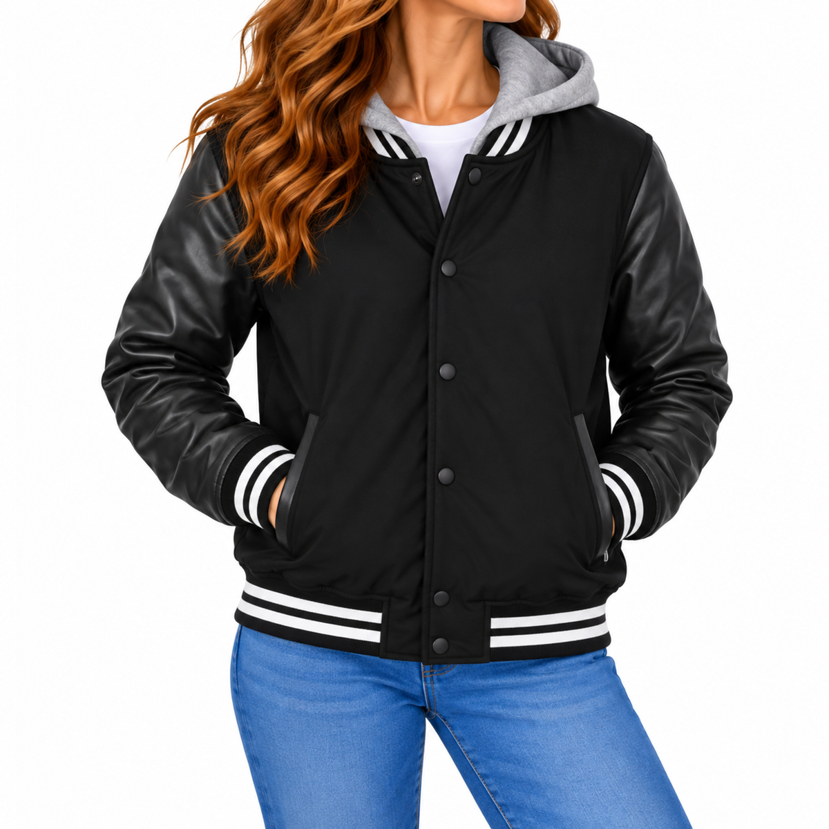 Women's Hooded Varsity Jacket With Detachable Hood in Black with Black Sleeves