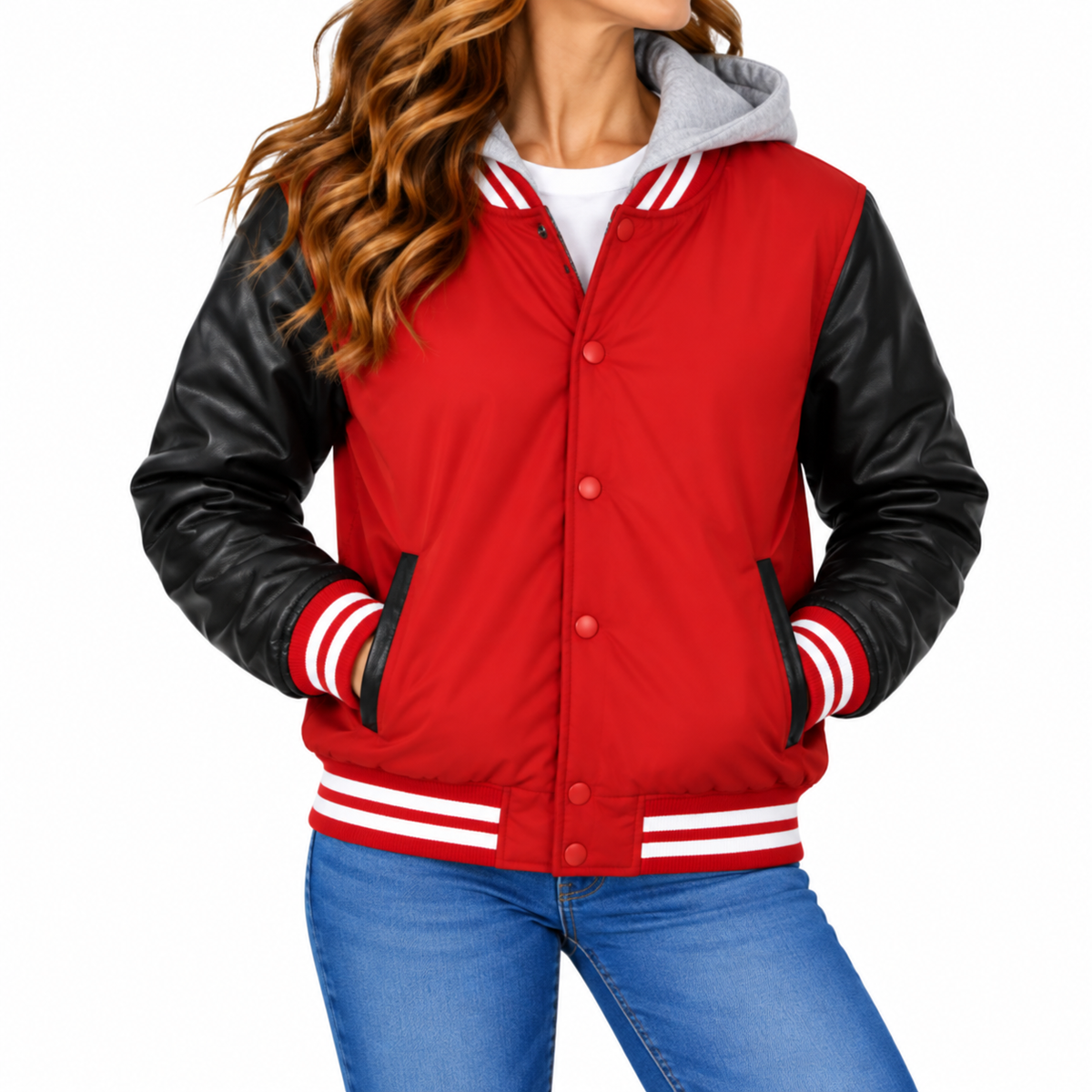 Women's Hooded Varsity Jacket With Detachable Hood in Black with Red Sleeves