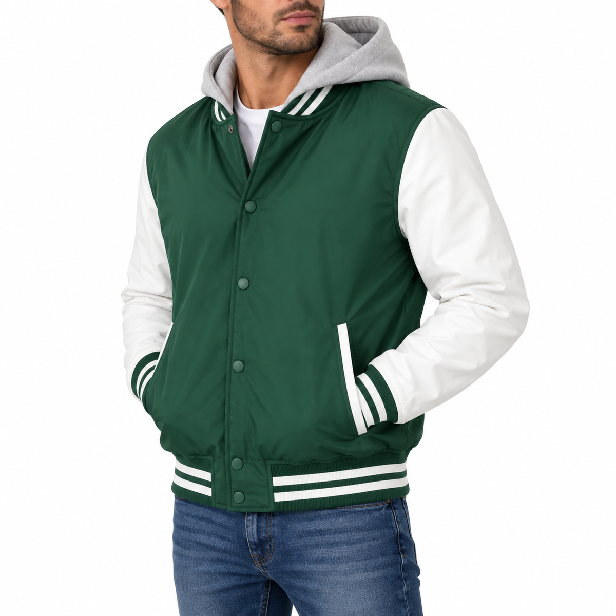 Men's Hooded Varsity Jacket With Detachable Hood in Hunter Green with White Sleeves