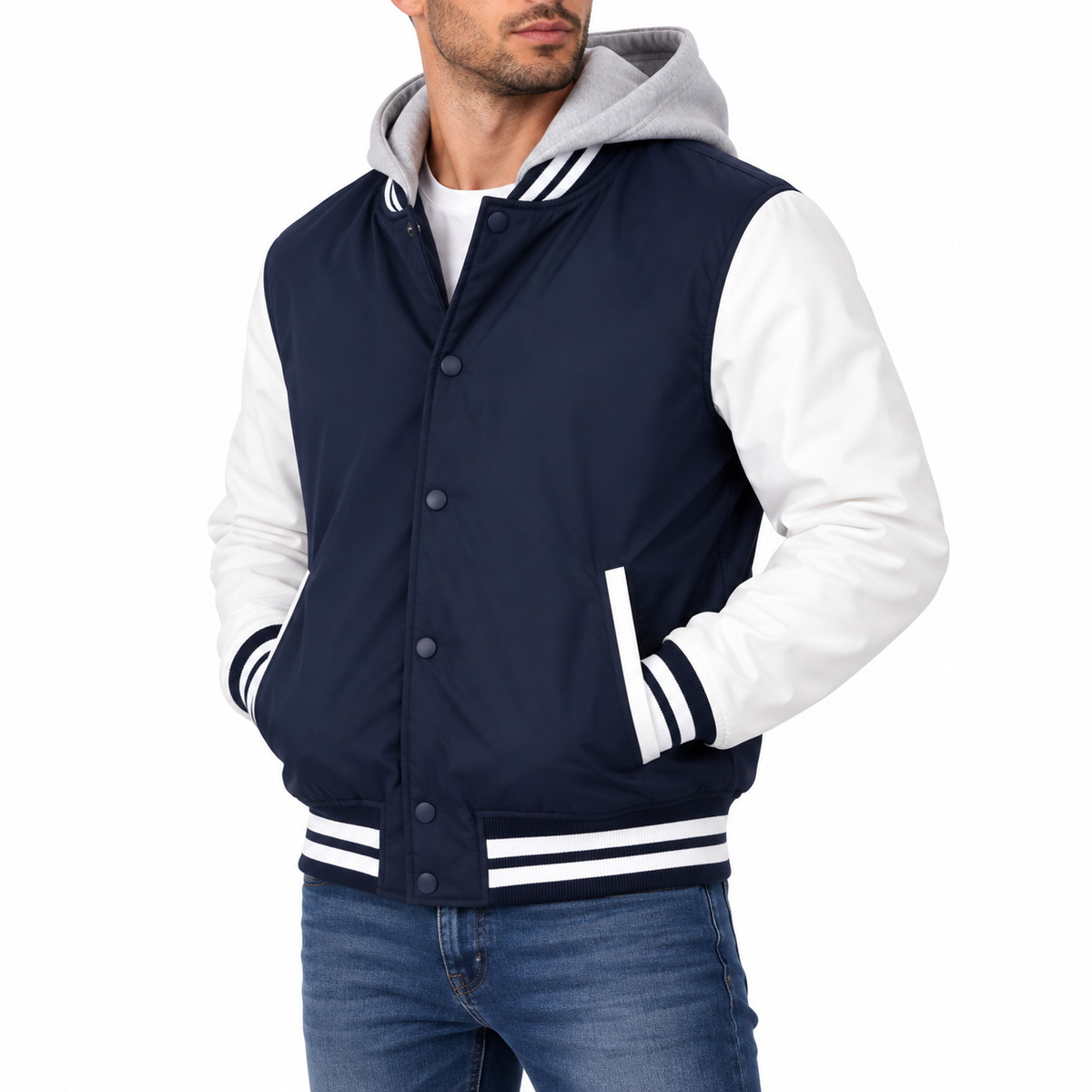 Men's Hooded Varsity Jacket With Detachable Hood in Navy with White Sleeves
