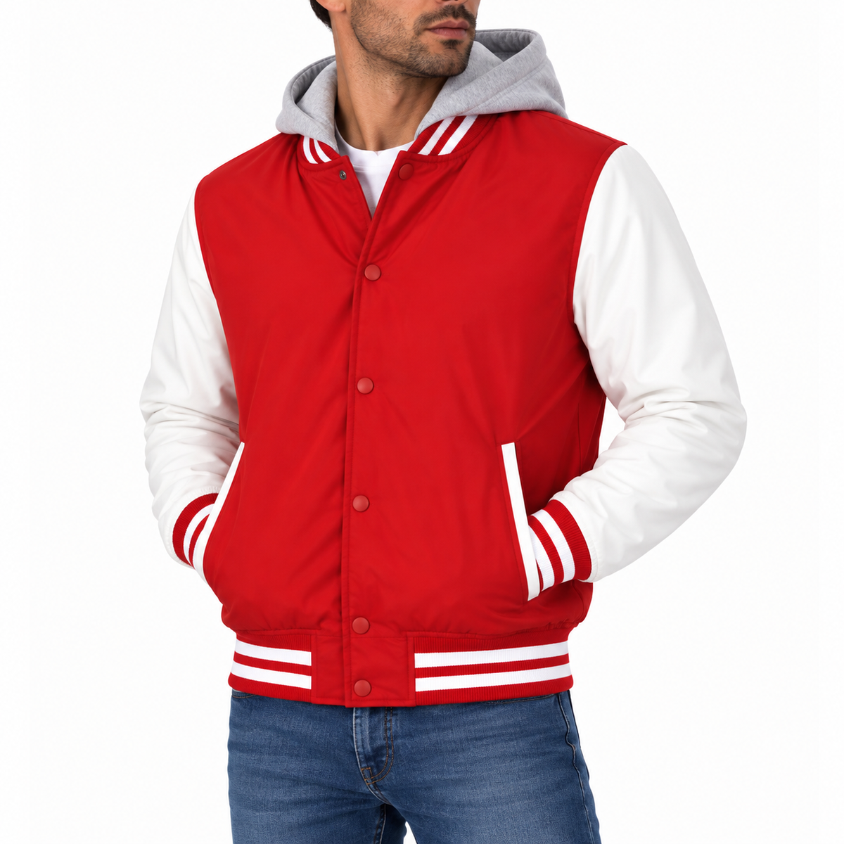Men's Hooded Varsity Jacket With Detachable Hood in Red with White Sleeves