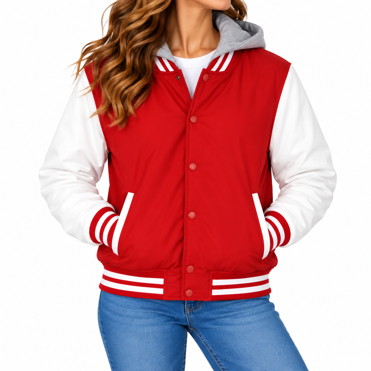 Women's Hooded Varsity Jacket With Detachable Hood in Red with White Sleeves