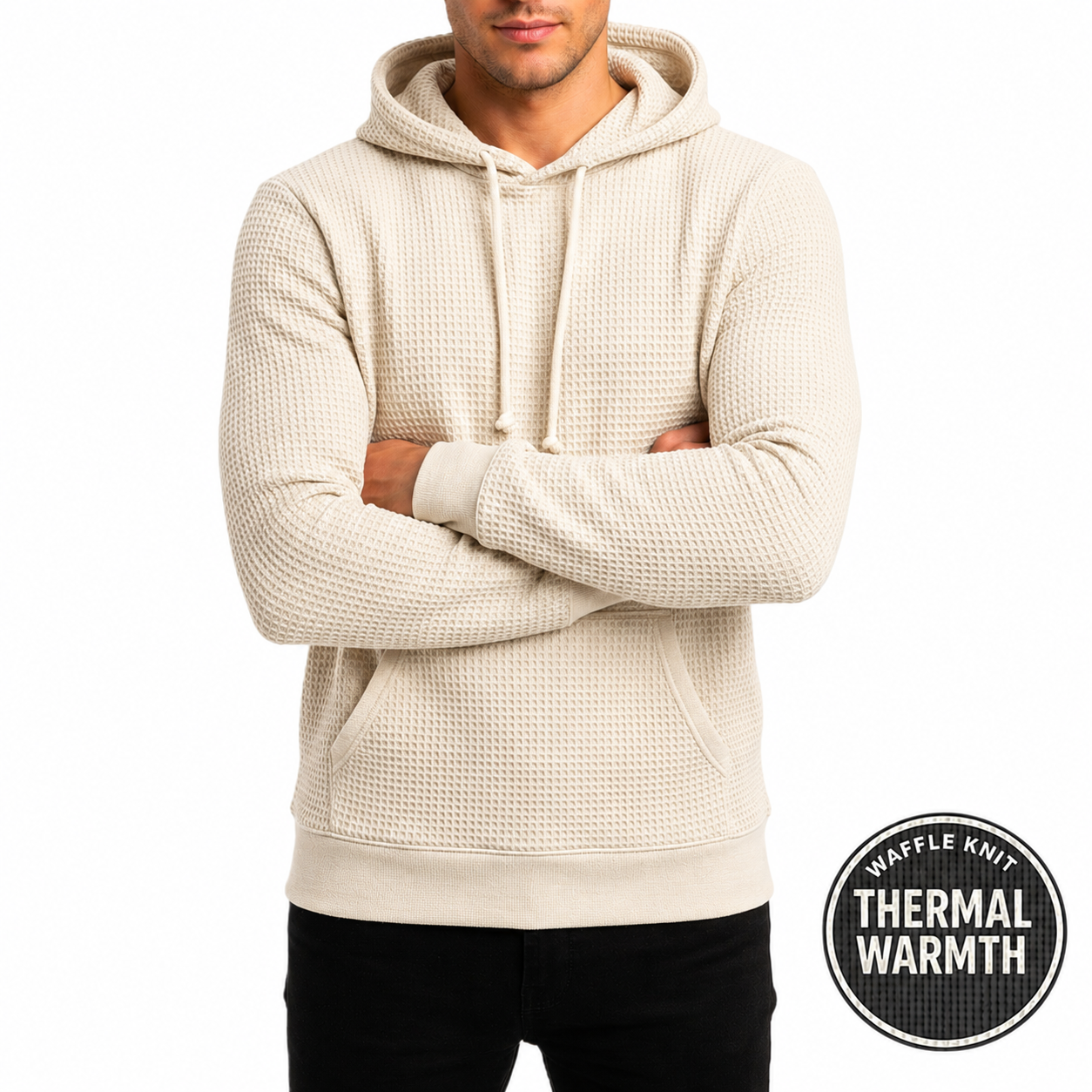 24 Pack Men's Waffle Knit Pullover Hooded Sweater in Beige