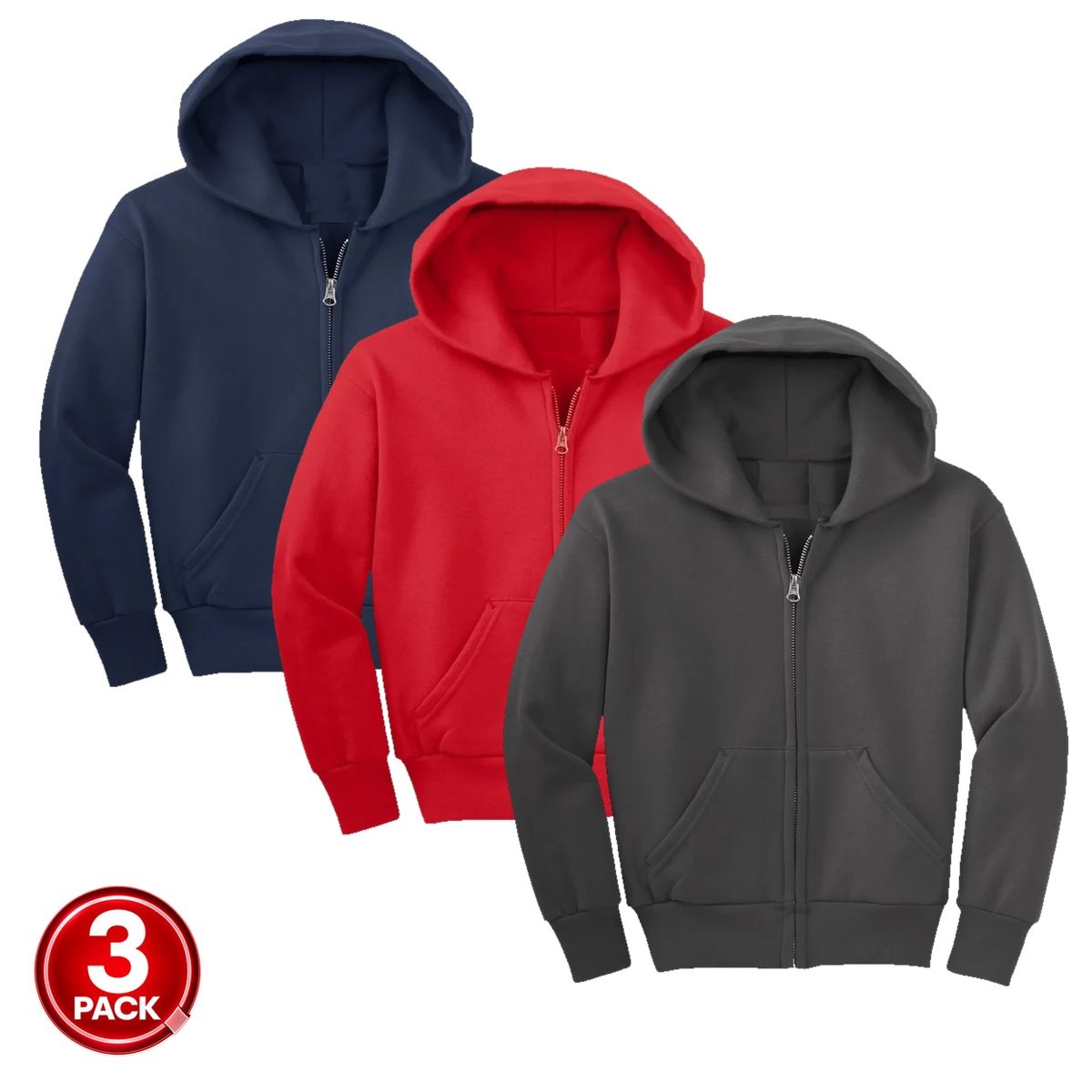 Youth Unisex 3-Pack Fleece Zip Up Hoodie in Navy / Red / Charcoal