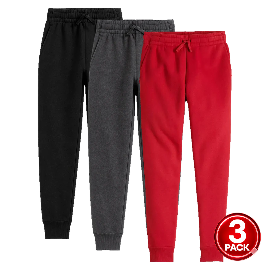 Youth Size 3-Pack Unisex Fleece Jogger Sweatpants in Black / Charcoal / Red