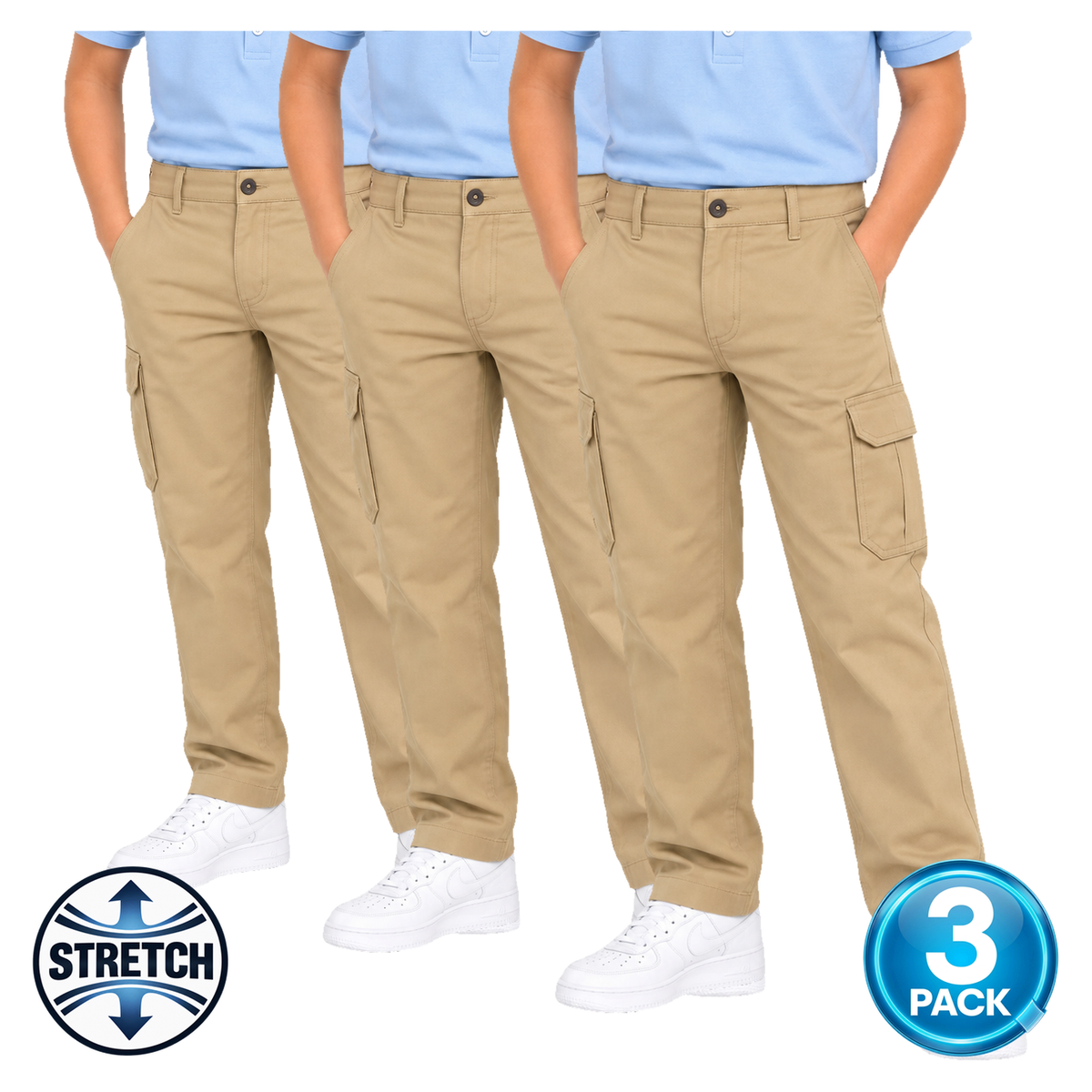 Boys 3 Pack Stretch Cargo Pants in Khaki