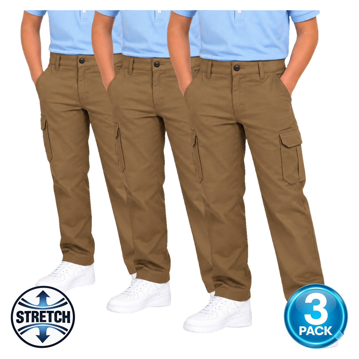 Boys 3 Pack Stretch Cargo Pants in Timber