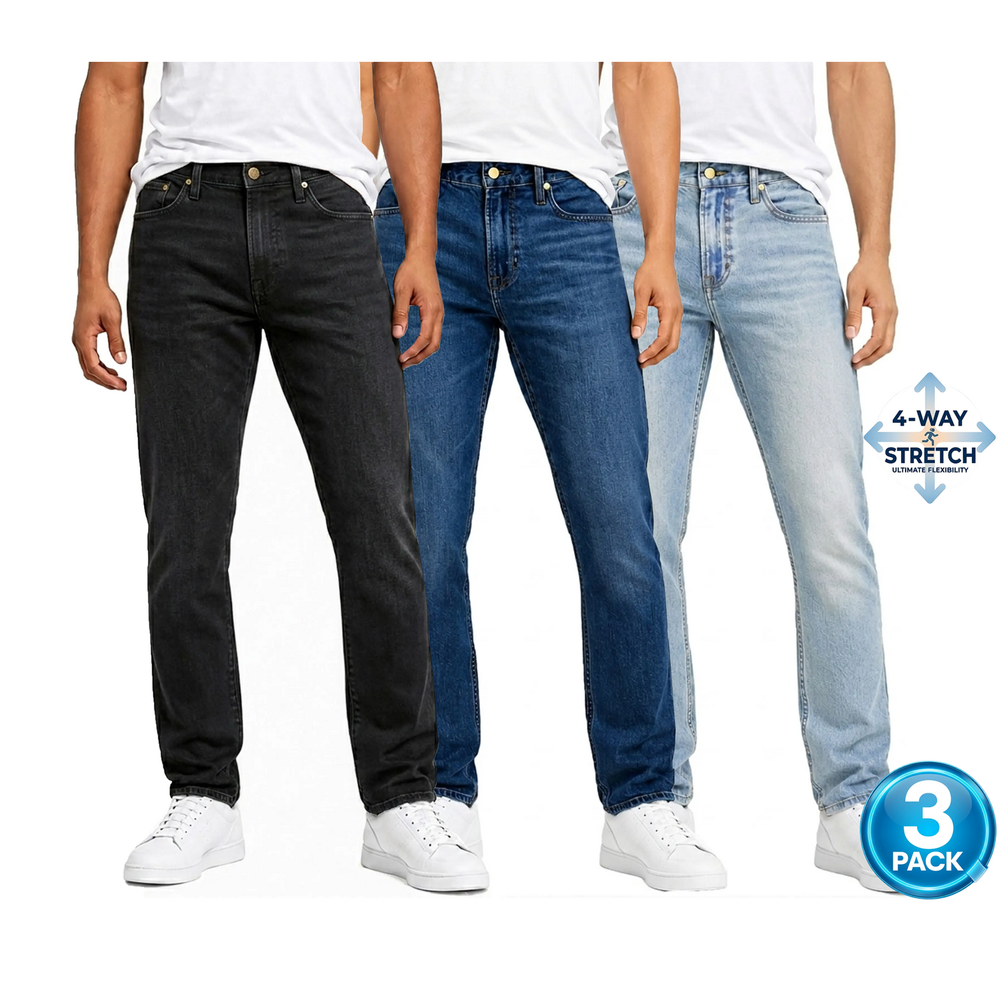 Men's 3-Pack Flex Stretch Slim Straight Jeans - Black / Dark / Light Wash