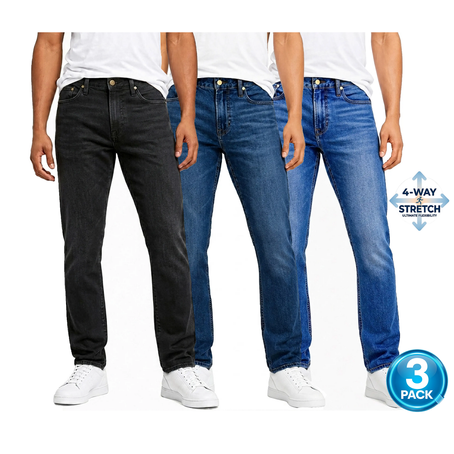 Men's 3-Pack Flex Stretch Slim Straight Jeans - Black / Dark / Medium Wash