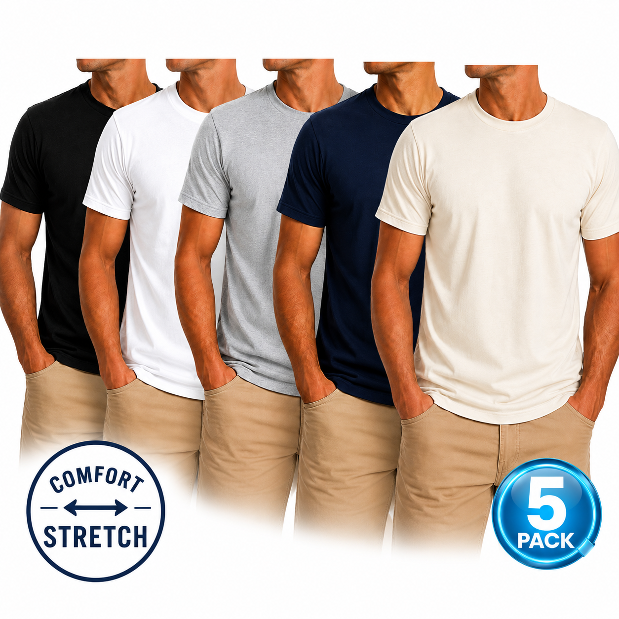 Men's 5-Pack Comfort Stretch Crewneck T-Shirts - Black / White / Grey / Navy / Natural
