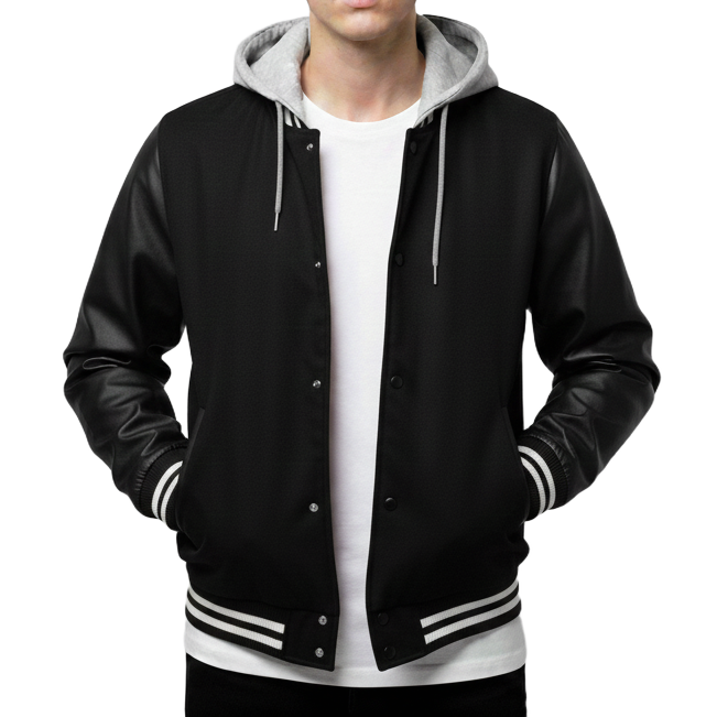 Black varsity jacket with gray hood and white accents on a white background