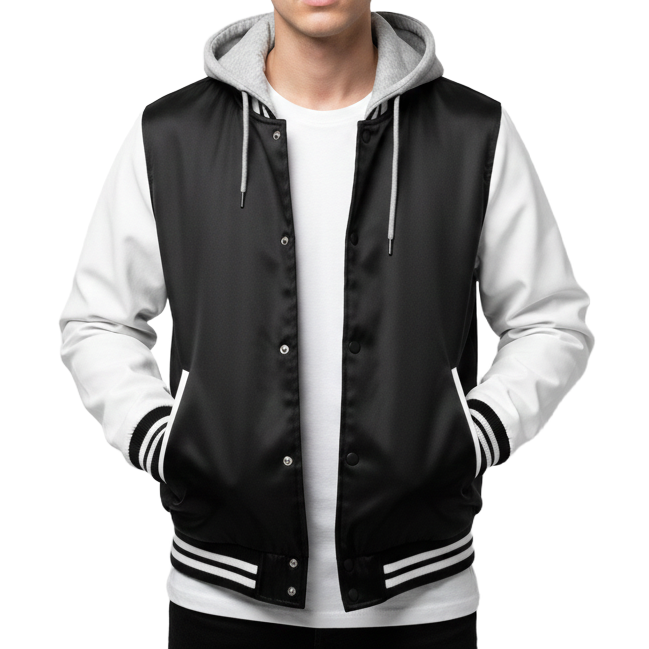 Black and white varsity jacket with gray hood on a white background