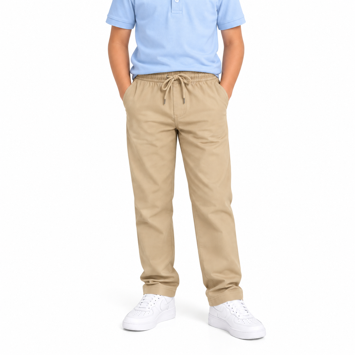 Boys Stretch Elastic Waist Pull-On School Pants in Khaki